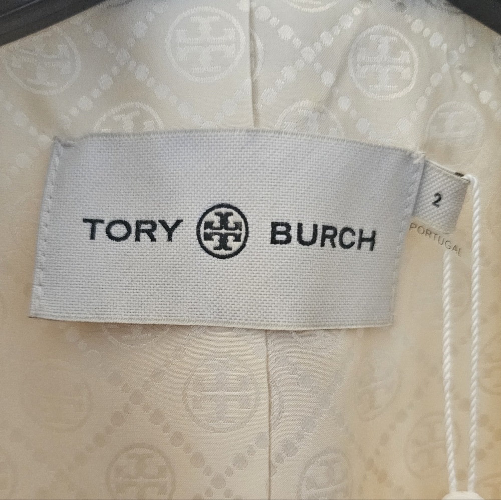 Tory Burch Women's Cream and Blue Velvet Trim Coat - Picture 6 of 8